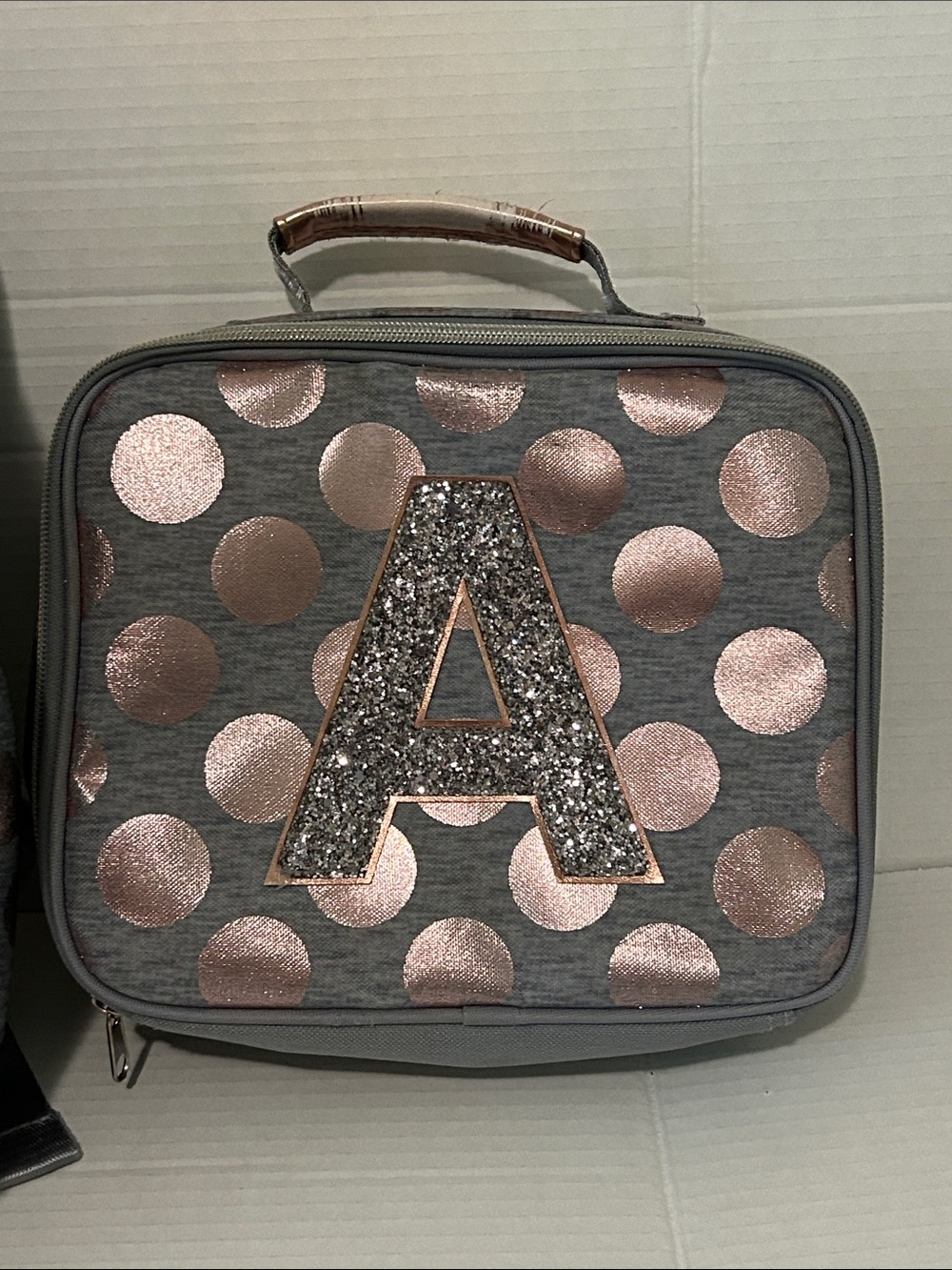 Justice ‘A’ Glitter Gray Backpack & Lunchbox Set with Rose Gold Polka Dots - Picture 4 of 16